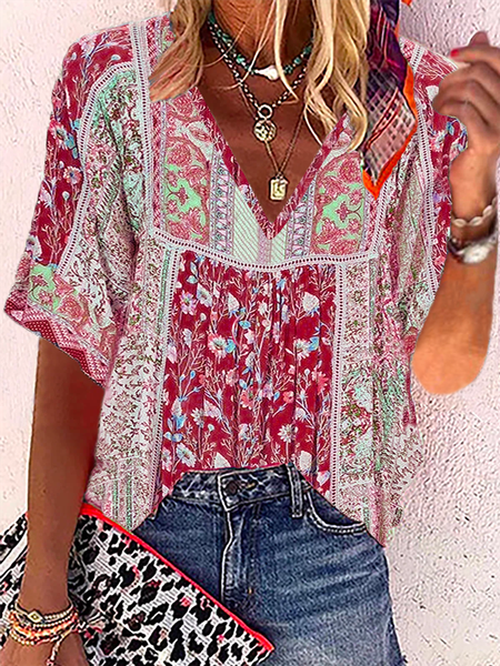 

V Neck Boho Casual Half Sleeve Floral Blouse, Red, Blouses