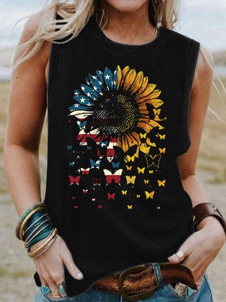 

American Flag Sunflower Women's Crew Neck Knit, Black, Tank Tops