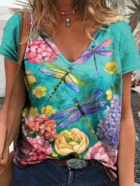 

Dragonfly Vacation Loosen Short Sleeve T-Shirt, Multicolor, T-Shirts
