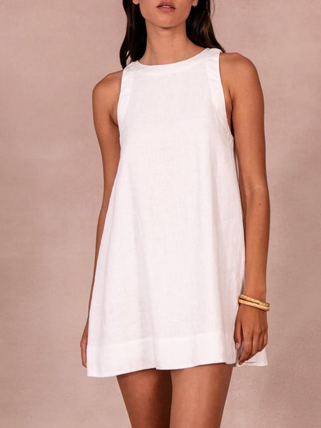 

Simple Loosen Crew Neck Short Sleeve Woven Dress, White, Mini Dresses
