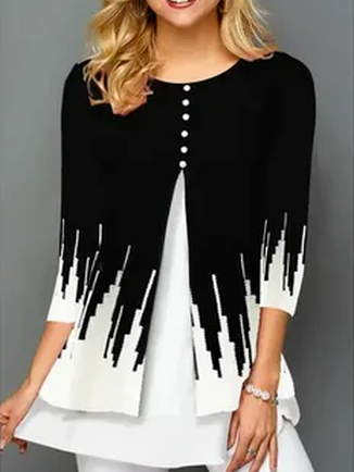 

Loosen Solid Crew Neck Long Sleeve Tops, Black-white, Shirts & Blouses