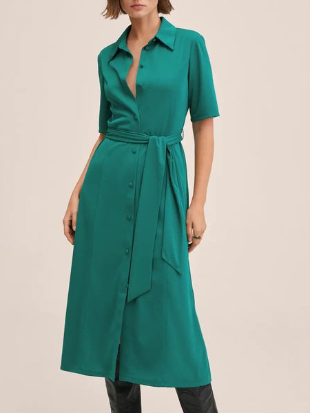 

Shirt Collar Loosen Simple Short Sleeve Woven Dress, Green, Midi Dresses