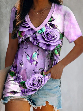 

Cotton Blends Loosen Casual Short Sleeve T-Shirt, Purple, T-Shirts