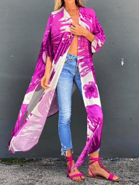 

Summer Three Quarter V neck Lightweight Loosen Floral Cardigan, Fuchsia, Kimonos