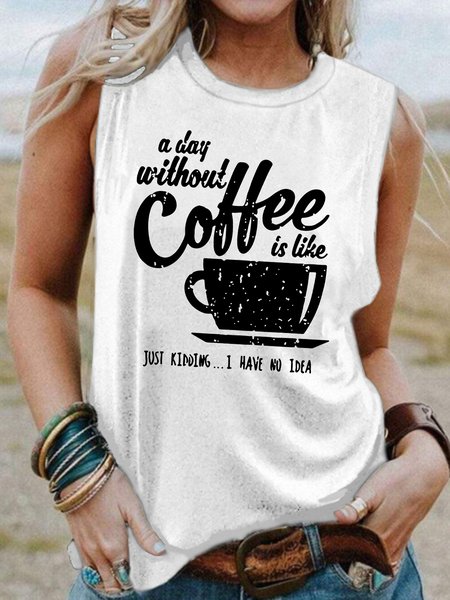 

Women's Coffee Funny Print Casual Crew Neck Knit, White, Tank Tops