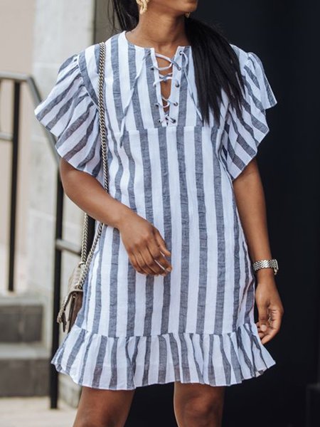 

Vacation Striped Short Sleeve Dress, Stripe, Mini Dresses