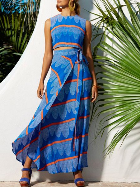 

Regular Fit Vacation Striped Two Piece Set, Blue, Dress&Skirts Set