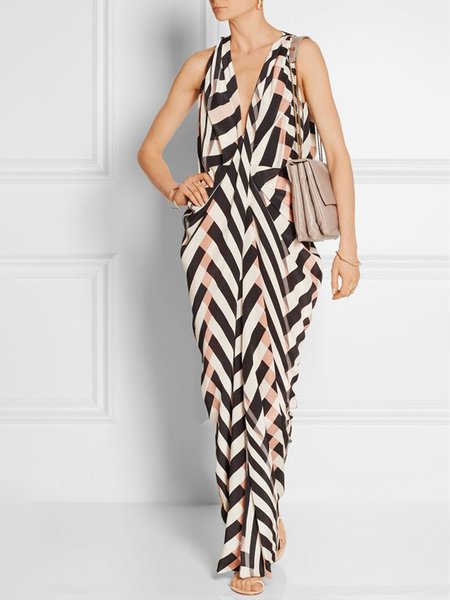 Vacation Regular Fit Striped Sleeveless Woven Dress, Black, Maxi Dresses