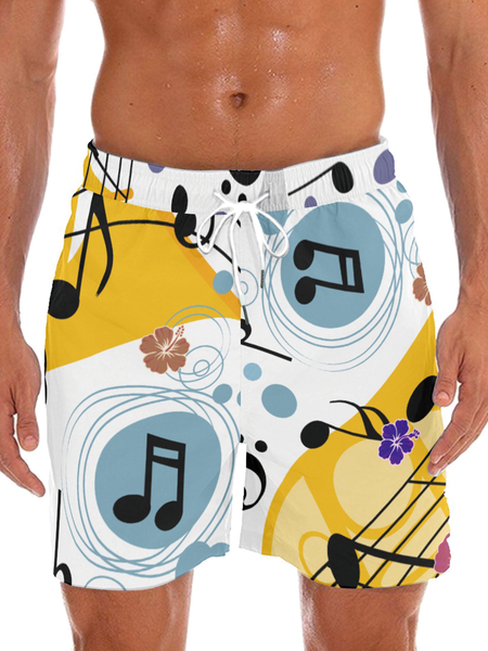 

Mens Music Print Beach Short Pants, White, Shorts