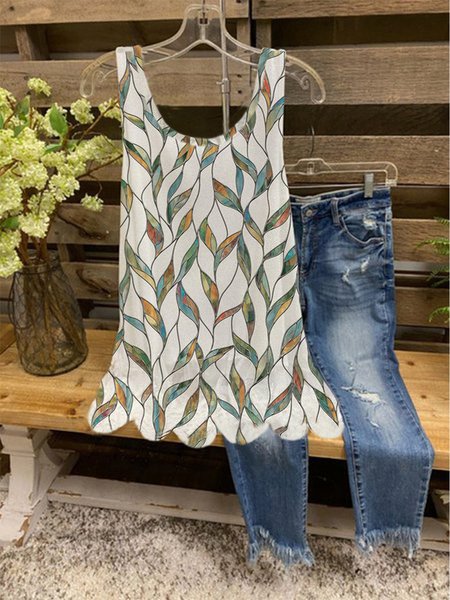 

Casual Vintage Printed Crew Neck Tanks & Camis, Apricot, Tanks & Camis