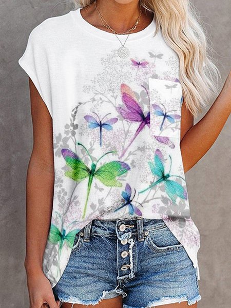 

Dragonfly Crew Neck Pocket Short Sleeve Plus Size Casual T-Shirt, White, T-Shirts