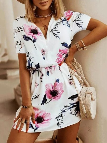 

Floral V Neck Casual Short Sleeve A-line Dress, White, Mini Dresses