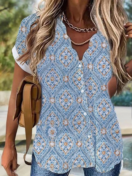 

V Neck Loosen Short Sleeve Blouse, Blue, Shirts & Blouses