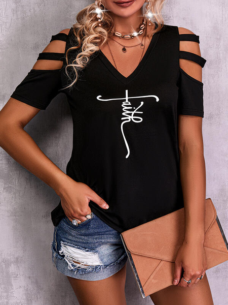 

Boho Letter Short Sleeve Tops, Black, T-Shirts
