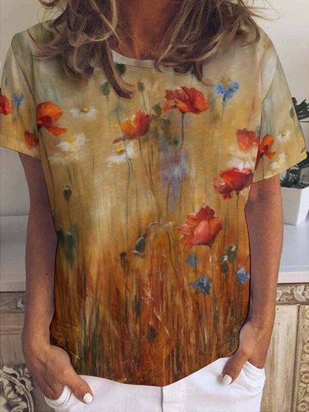 

Women's Flower Print Crew Neck Casual Short Sleeve T-Shirt, As picture, T-shirts