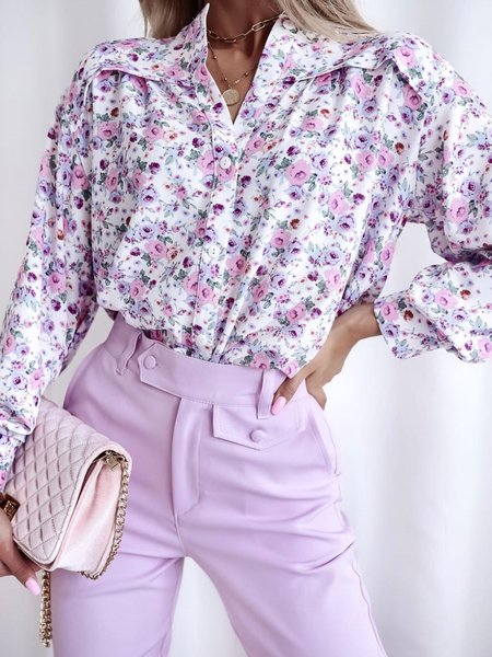 

Regular Fit Floral Casual Long Sleeve Blouse, White, Blouses & Shirts