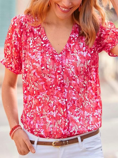 

Casual Floral Loosen V Neck Short Sleeve Blouse, Rose red, Blouses & Shirts