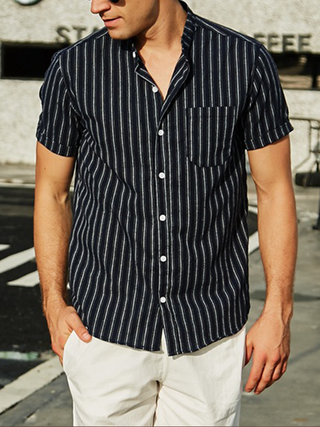 

Cotton And linen Style American Casual Basic Wild Cotton Vertical Stripe Short-Sleeved linen Shirt, As picture, Blouses&Shirts
