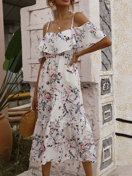 

Floral-print off-the-shoulder suspender elasticated waistband resort dress Vacation Short Sleeve Woven Dress, Apricot, Dresses
