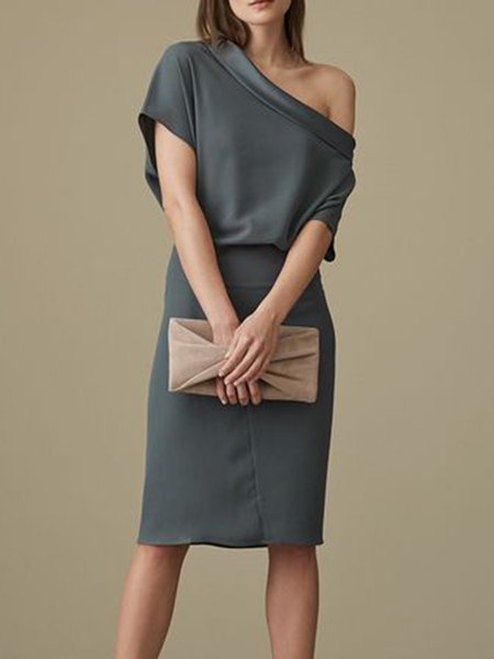 

Simple Off The Shoulder Short Sleeve Woven Dress, Gray, Midi Dresses