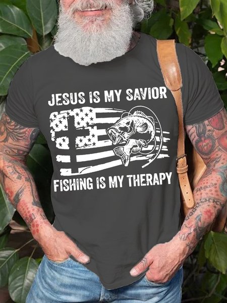 

Mens Jesus Is My Savior Fishing Is My Therapy Casual Round Neck Cotton Short Sleeve T-Shirt, Deep gray, T-shirts