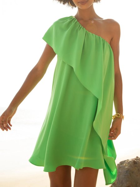 

Vacation Off The Shoulder Sleeveless Flouncing Dress, Green, Mini Dresses