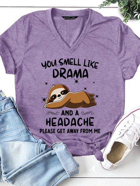 

Women's Funny You smell like Drama And A Headache Please Get Away From Me V Neck Letter Short Sleeve T-Shirt, Purple, T-shirts