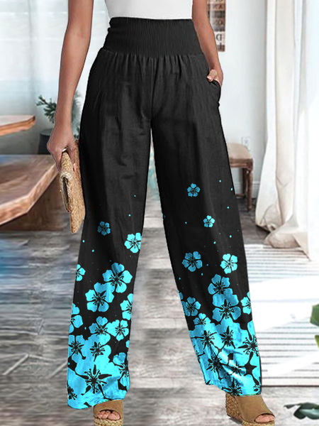 

Floral-print ribbed high-rise casual wide-leg pants Casual Pants, Black, Pants