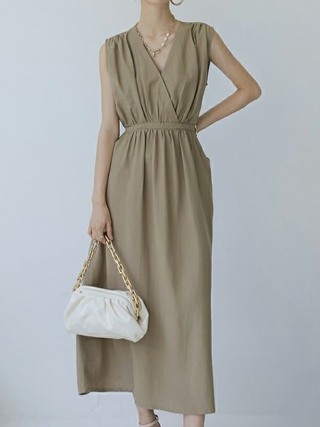 

V Neck Simple Solid Sleeveless Woven Dress, Khaki, Maxi Dresses
