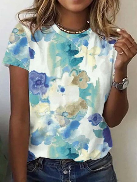Crew Neck Floral Short Sleeve Casual T-Shirt, As picture, T-shirts
