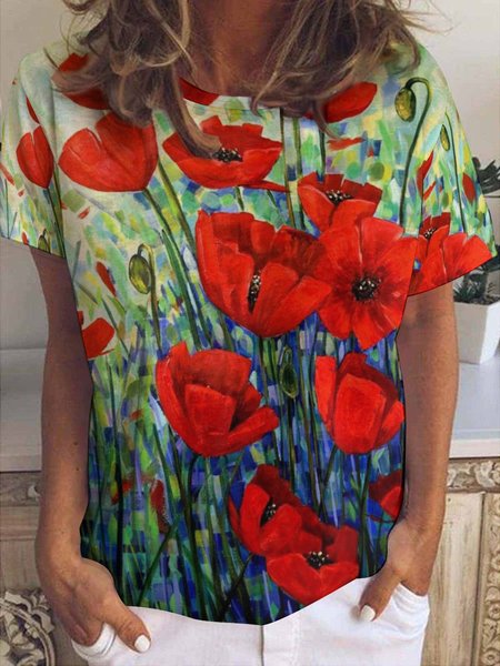 

Women's Floral Print Casual Short Sleeve Tops, As picture, T-shirts