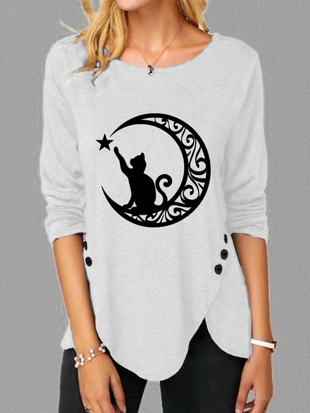 Casual Retro Moon Print Crew Neck Long Sleeve Shirt, White, Long sleeves