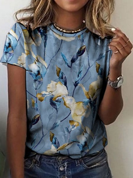 

Casual Floral Crew Neck Short Sleeve T-Shirt, Blue, T-Shirts