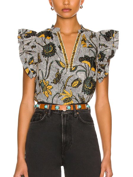 

Vintage Floral Stand Collar Cap Sleeve Top, Multicolor, Tops