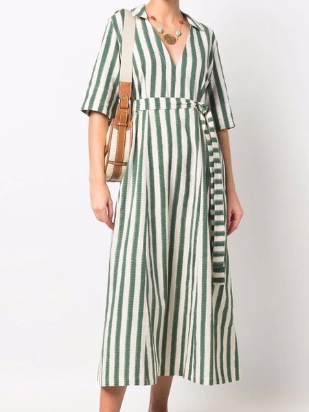 

Striped Shirt Collar Half Sleeve Dress, Green, Maxi Dresses