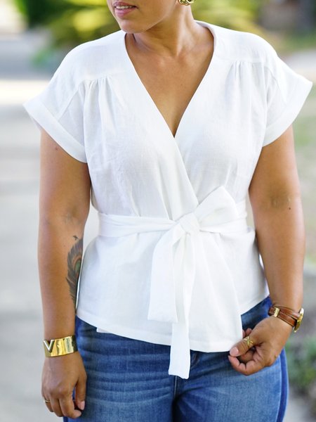 

Vacation V Neck Short Sleeve Top With Belt, White, Tops