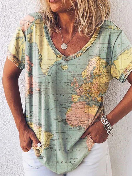 

Printed V Neck Cotton Short Sleeve T-shirt, Multicolor, T-Shirts