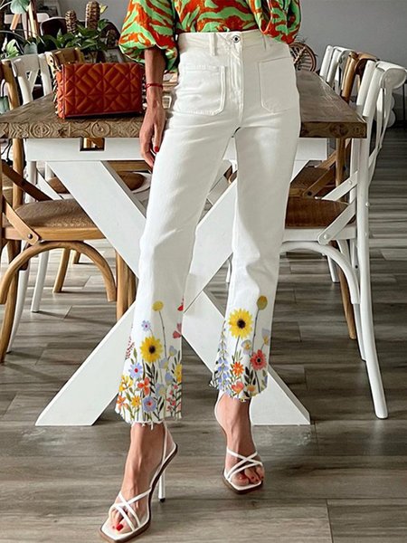 

Pockets Floral Casual Pants, White, Pants