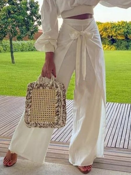 

Plain Vacation Wide Leg Long Pants, White, Wide Leg Pants