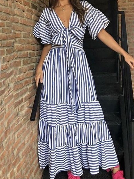 

Holiday Lace-Up Short Sleeve V Neck Striped Dress, Blue, Maxi Dresses