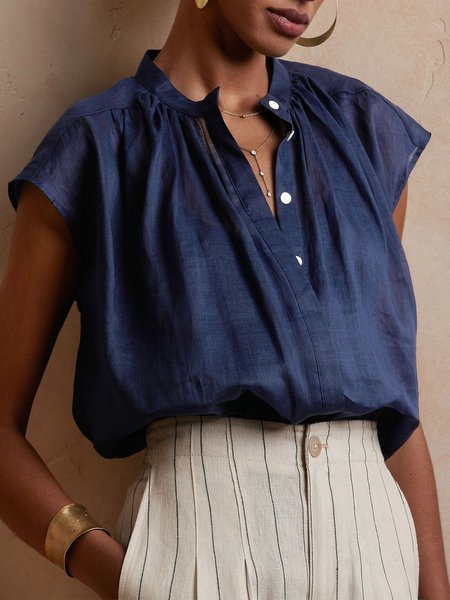 

Stand Collar Casual Short Sleeve Blouse, Blue, Blouses and Shirts