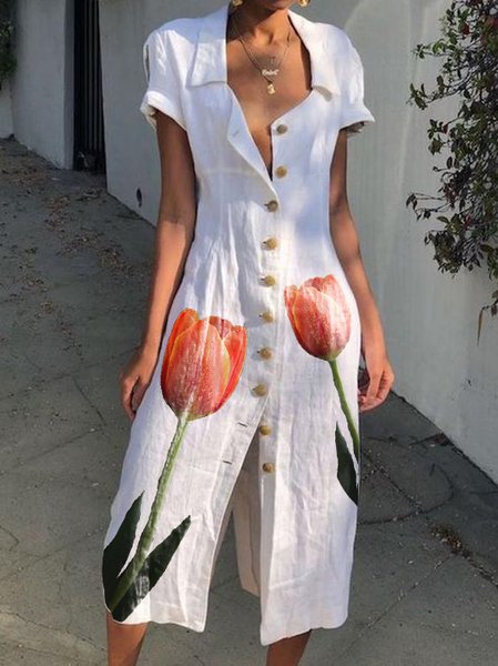 

Boho Cotton Short Sleeve Woven Dress, White, Floral Dresses