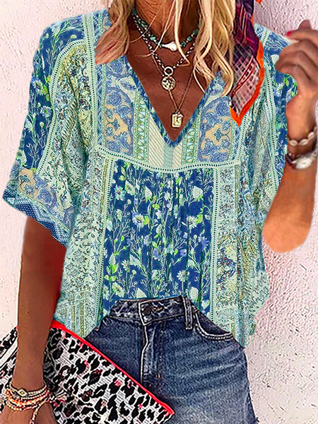 Boho Casual Half Sleeve Top, Blue, Blouses