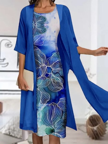 3/4 Sleeves Floral Crew Neck Plus Size Casual Two Piece Dress With Coat, Blue, Midi Dresses