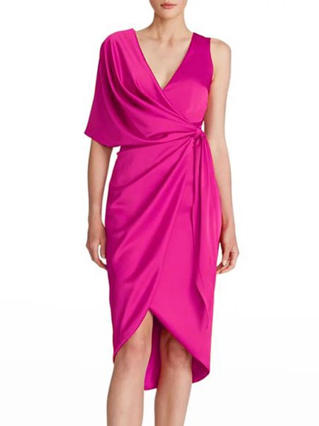 

Satin Regular Fit Elegant Short Sleeve Woven Dress, Rose red, Midi Dresses