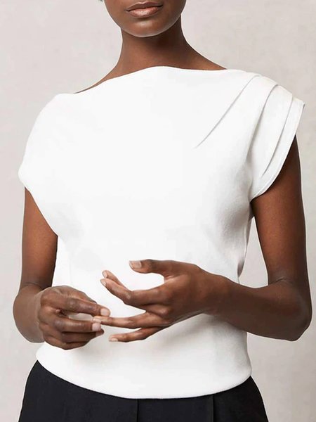 

Boat Neck Ruched Simple Short Sleeve Top, White, Tops