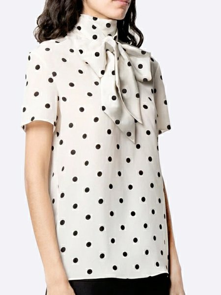 

Tie Neck Simple Regular Fit Short Sleeve Top, Off white, Tops