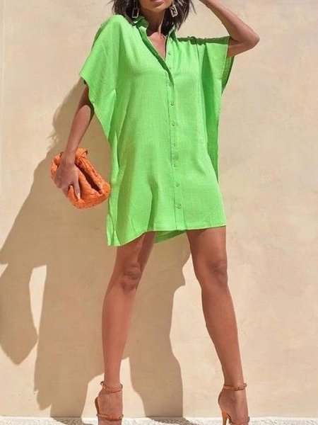 

Summer Shirt Collar Lightweight Plain Loosen Short Sleeve Tops, Green, Tops
