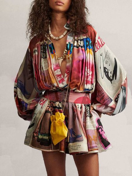 

Fashion Bishop Sleeve Shirt Collar Jumpsuit, Multicolor, Rompers