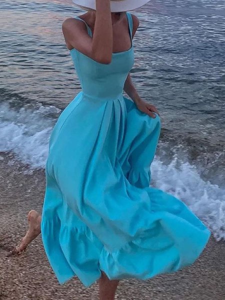 

Plain Regular Fit Sleeveless Woven Midi Dress, Blue, Maxi Dresses